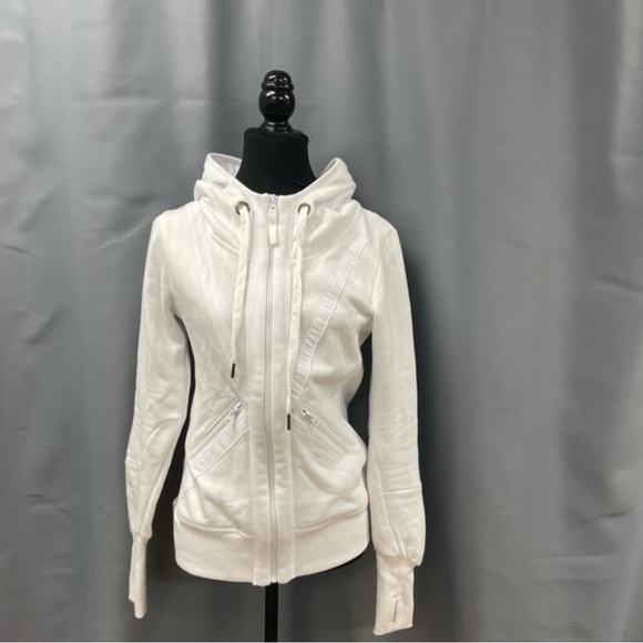 White Hoodie with Ribbed Cuffs and Fitted Silhouette - Picture 6 of 7